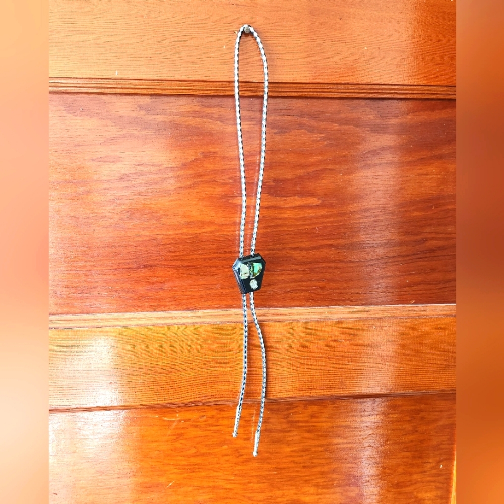 Western String Tie Silver And Black Leather And Stone